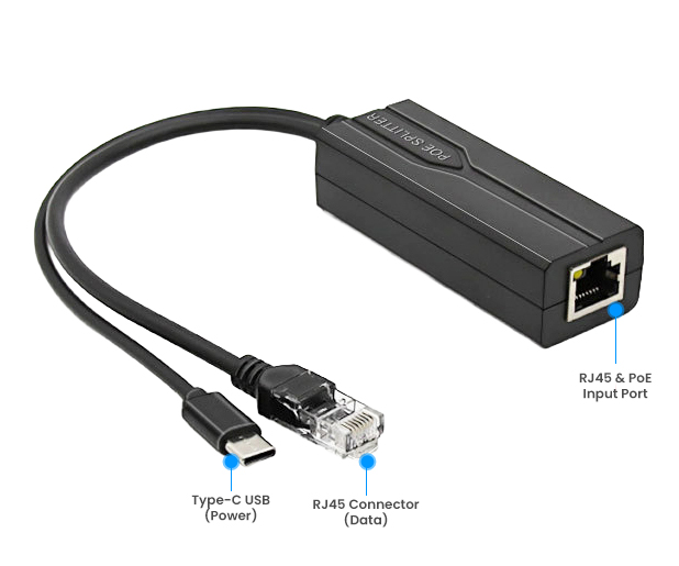 PoE Splitter - 802.3af/at to 5V/2.4A Type-C & Ethernet